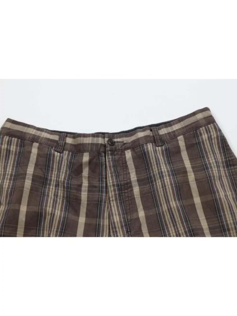 Vintage 90s Y2K J Crew Mens 36 Faded Button Fly Canvas Cotton Shorts Brown Plaid